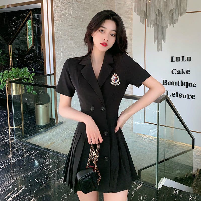 美动态大码女装夏季法式小众百褶西装裙胖mm藏肉显瘦显瘦连衣裙图片