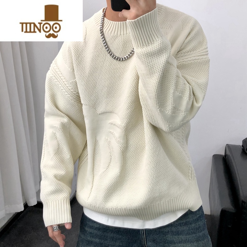 YANXU粗线针织毛衣男2023新款简约帅气宽松圆领慵懒风情侣线衫卫衣高清大图