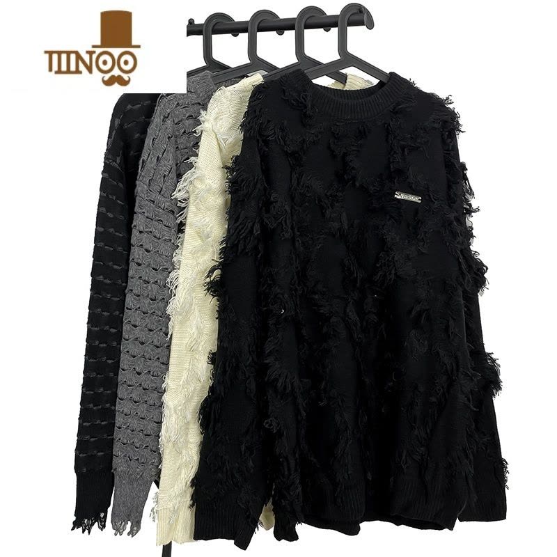 YANXU国潮先生 款美式复古流苏毛边针织毛衣男潮牌设计感小众外套图片