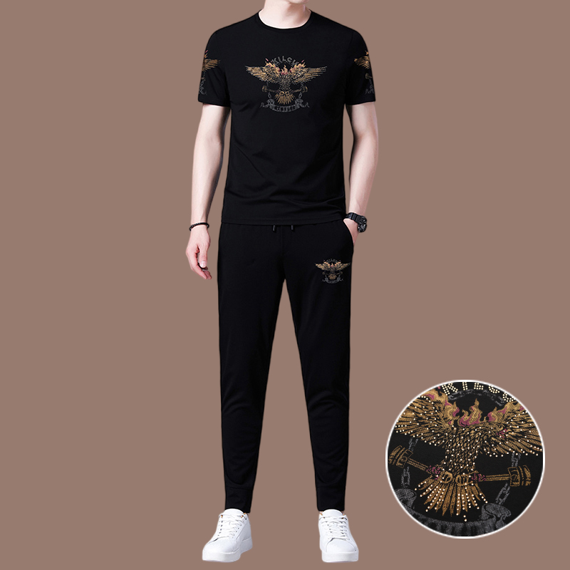 恒源祥桑蚕丝男士休闲运动套装男夏季潮流帅气冰丝短袖男装两件套 黑色517款 180/XXL适合体重155-175斤