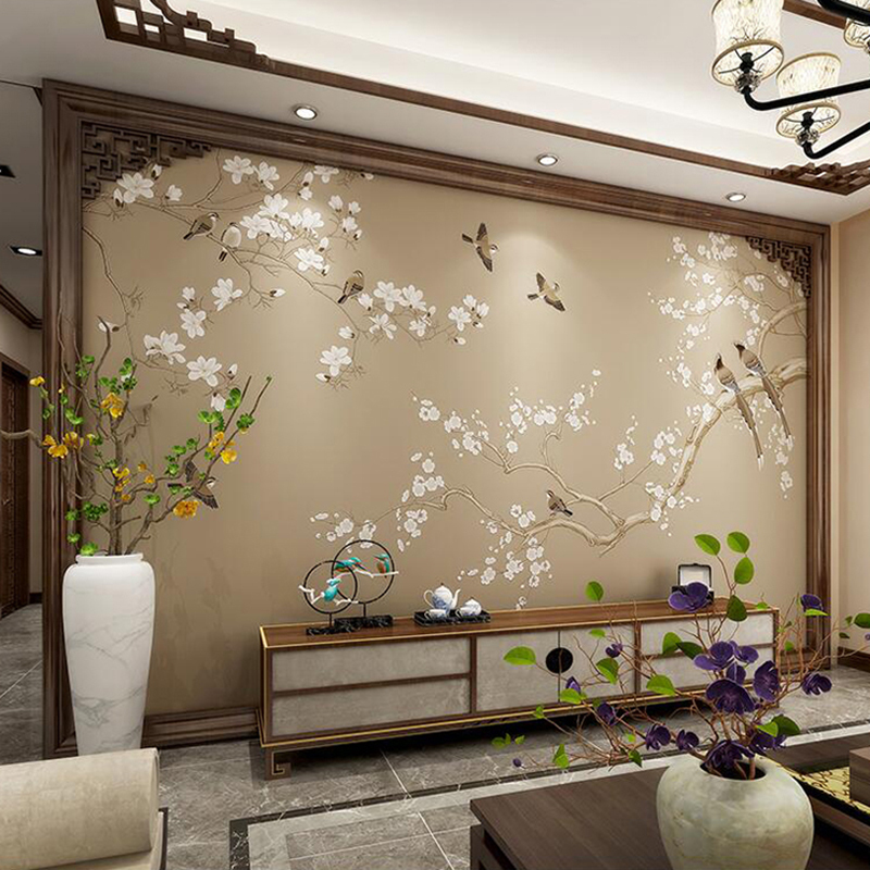 洛蔓 16d电视客厅背景墙壁画 8d书房卧室无缝整张定制墙布墙纸 中式