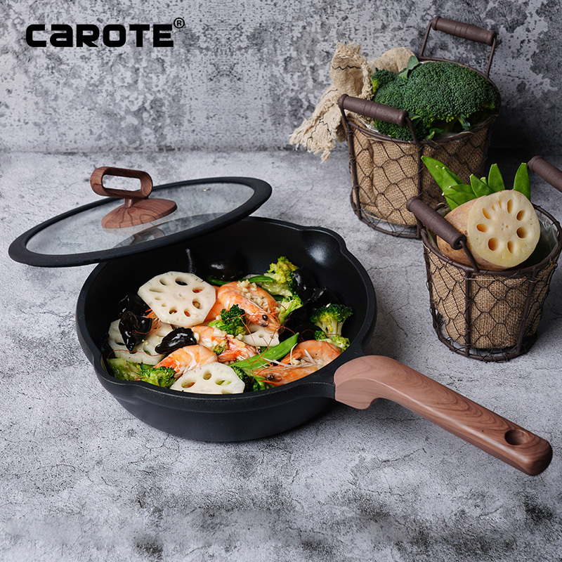卡罗特(CaROTE)炒锅不粘锅24cm少油烟平底炒菜锅具家用牛排煎锅电磁炉明火燃气通用 复古黑 24CM煎炒锅+盖子