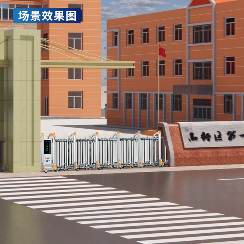 CJ-SSM035智能不锈钢伸缩门学校小区工厂电动大门推拉门商业办公大门酒店家具电动门高清大图