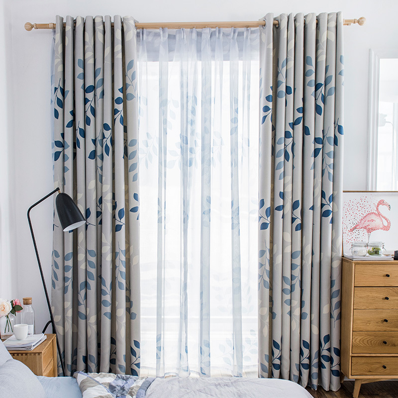 家柏饰(CORATED)美式乡村纯色窗帘卧室客厅遮光成品落地窗遮光遮阳飘窗 蓝色叶子-布帘-打孔式 宽4米*高2.7米--1片－可改短－不送杆或轨