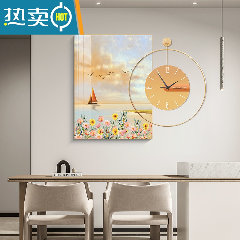 敬平现代轻奢餐厅装饰画创意钟表饭厅装饰壁画酒杯时尚歺厅背景墙挂画高清大图