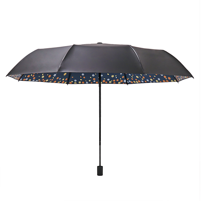 天堂伞 三折全遮光黑胶插画晴雨伞防紫外线太阳伞遮阳伞55cm*8骨 619E望日莲 橙色
