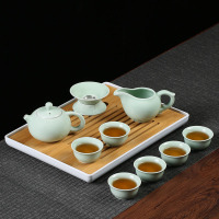 苏氏陶瓷整套陶瓷功夫茶具套装茶杯便携竹制干泡茶盘储水茶台茶道 粉青