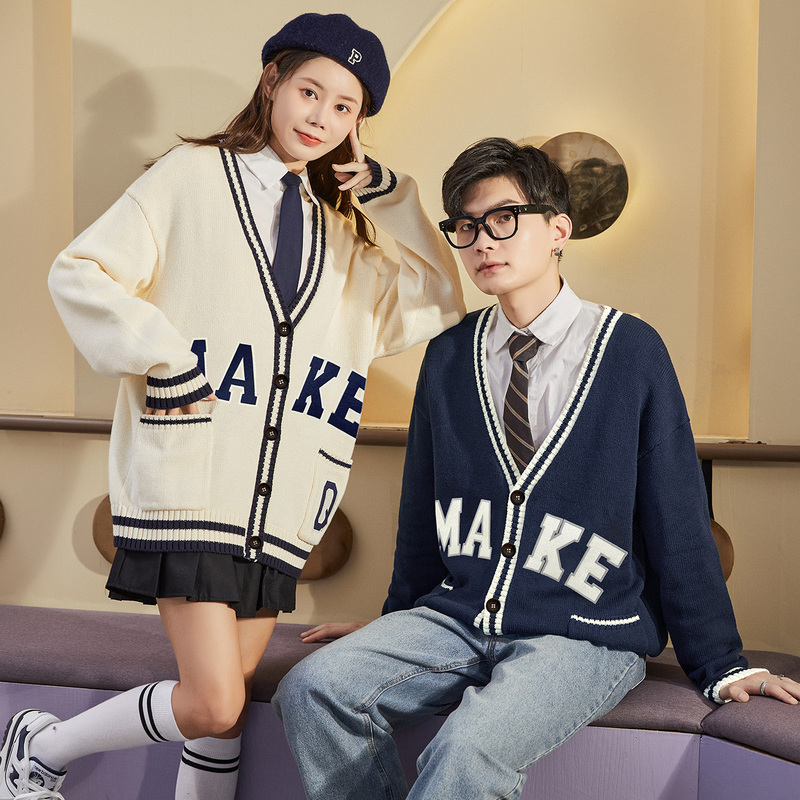 [5折价160元]唐狮春季新款情侣毛衣外套学院风针织开衫男女宽松外穿v