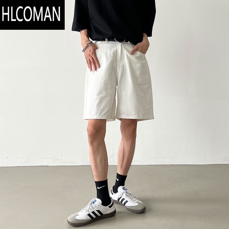 HLCOMAN2025新款夏季白色牛仔短裤男潮流韩版纯色休闲五分裤直筒宽松百搭