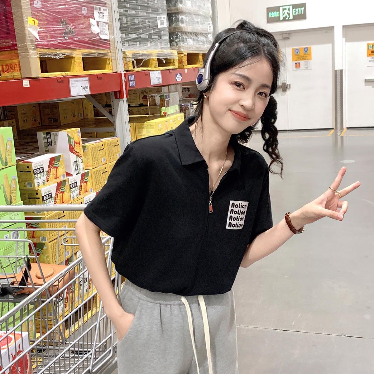 2024夏季女拉链净色短袖polo衫百搭简约气质慵懒风韩系潮_283 M 黑色