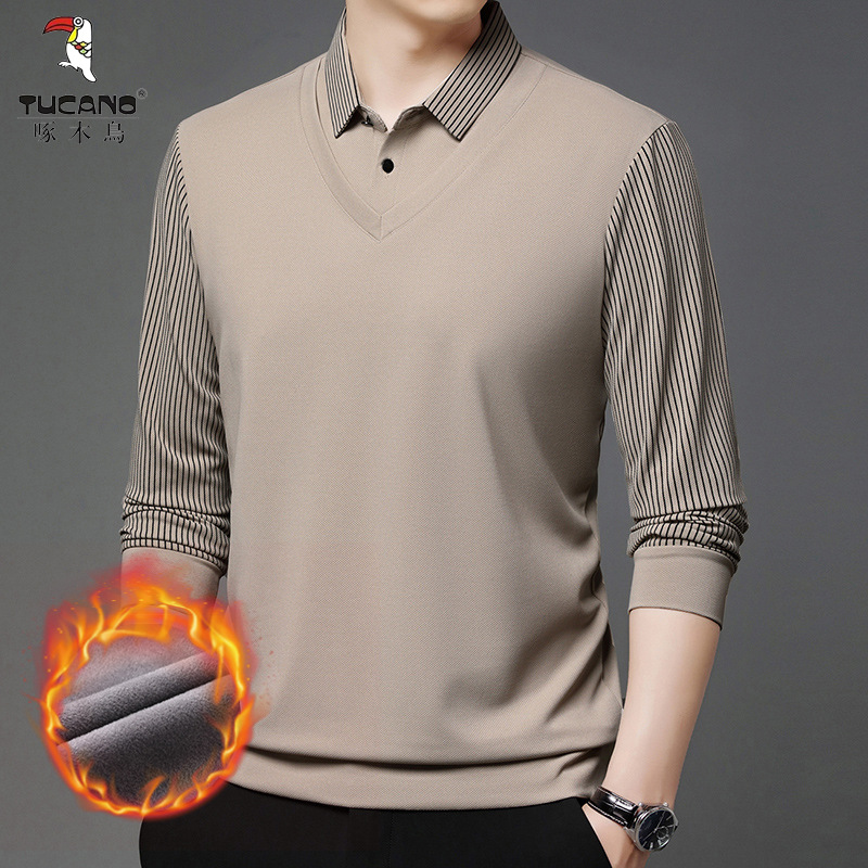 啄木鸟假两件长袖t恤男士秋冬新款加绒衬衫领上衣休闲打底衫男款高清大图