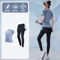 瑜伽服女健身房跑步套装运动服网红透气瑜伽服上衣套装_840 S【建议：80-95斤左右】 灰蓝两件套【短袖】TC22106