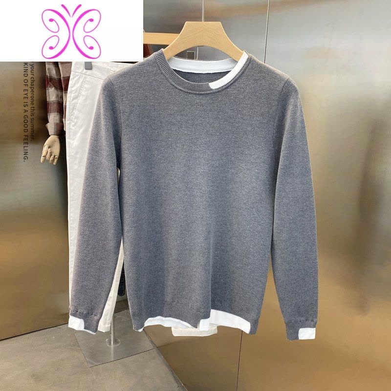 YUANSU秋冬不规则撞色圆领卫衣男士修身日系针织衫潮流休闲长袖打底毛衣卫衣图片