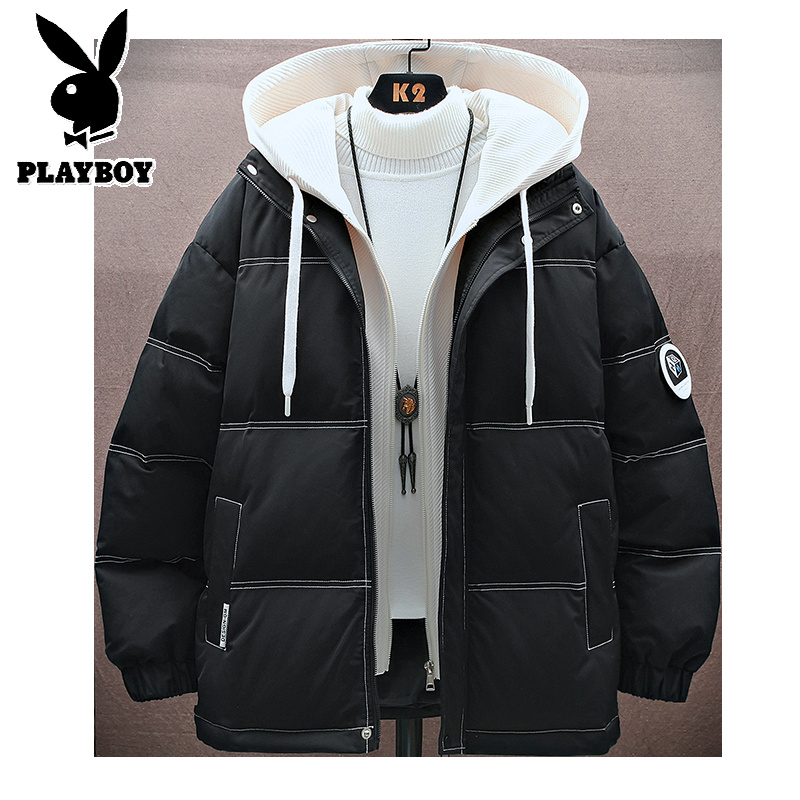 花花公子新款青少年学院风男式宽松连帽棉衣面包服假两件加厚棉服高清大图