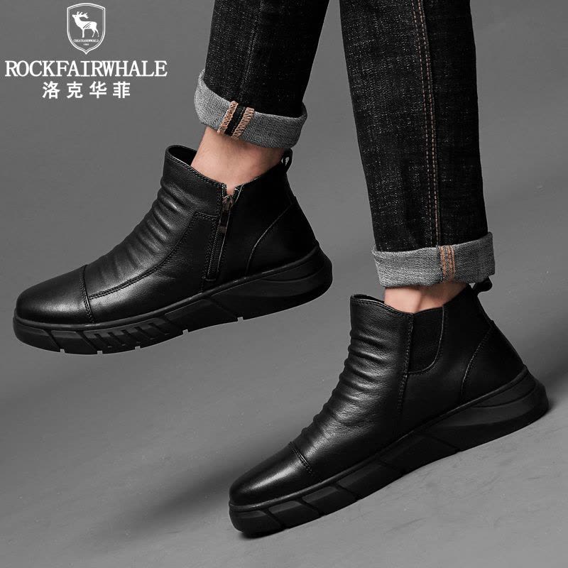 洛克华菲 男切尔西靴新品真皮马丁靴 男韩版潮流雪地户外加绒保暖棉鞋 男士休闲皮鞋 中筒高帮男鞋冬季图片