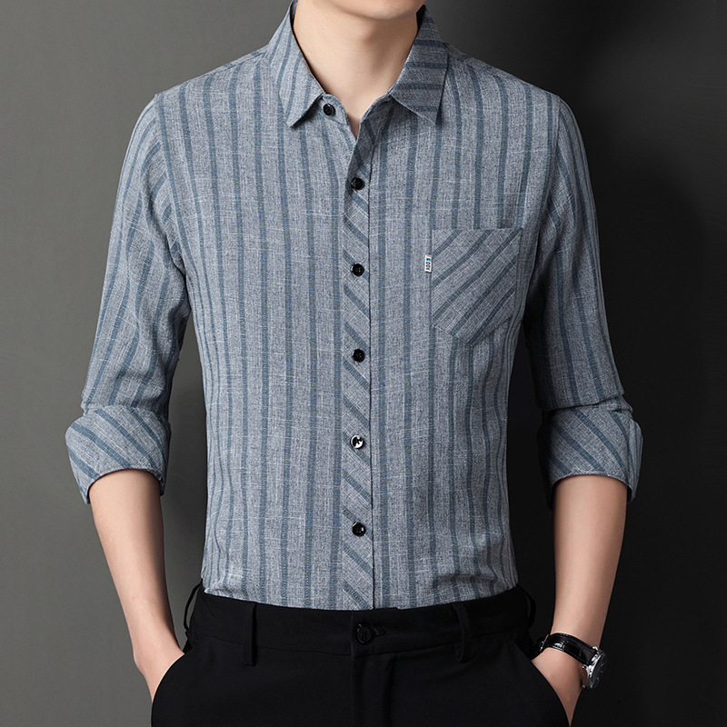 2025春季新款长袖衬衫男竖条纹中年休闲爸爸翻领透气真口袋衬衣男