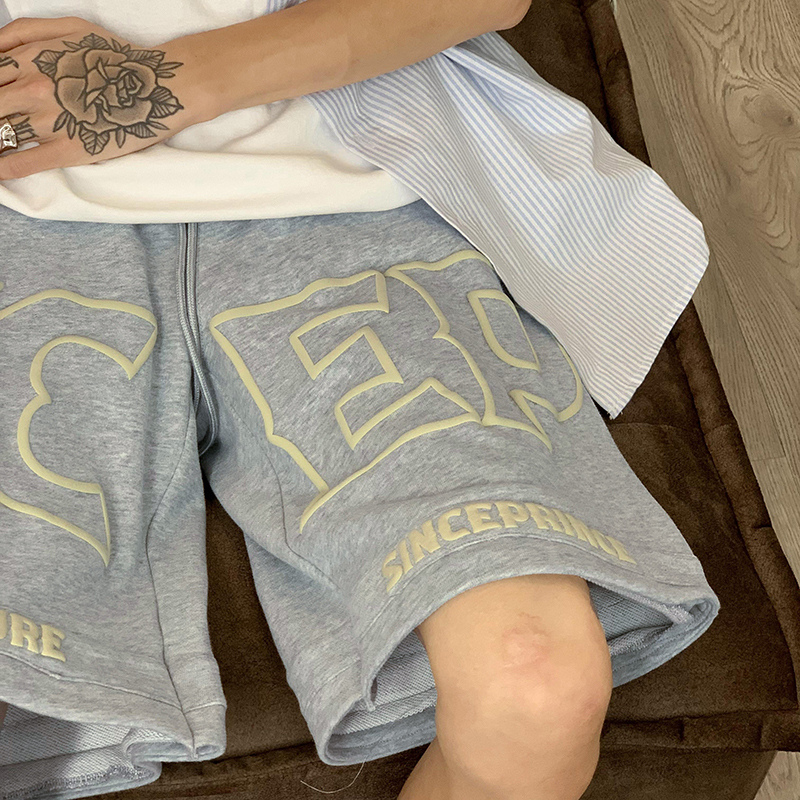 WOOG2005黑色篮球短裤男发泡印花痞帅高街潮ins百搭休闲五分裤子