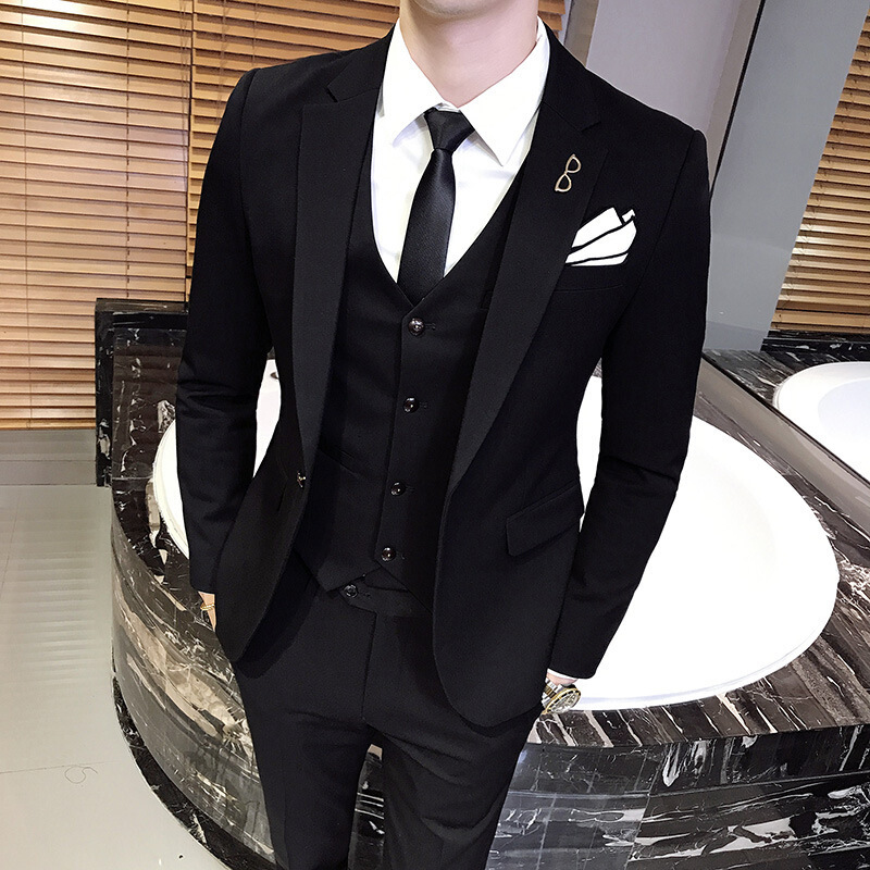 西服套装男士夏季三件套韩版修身弹力正装休闲小西装新郎结婚礼服