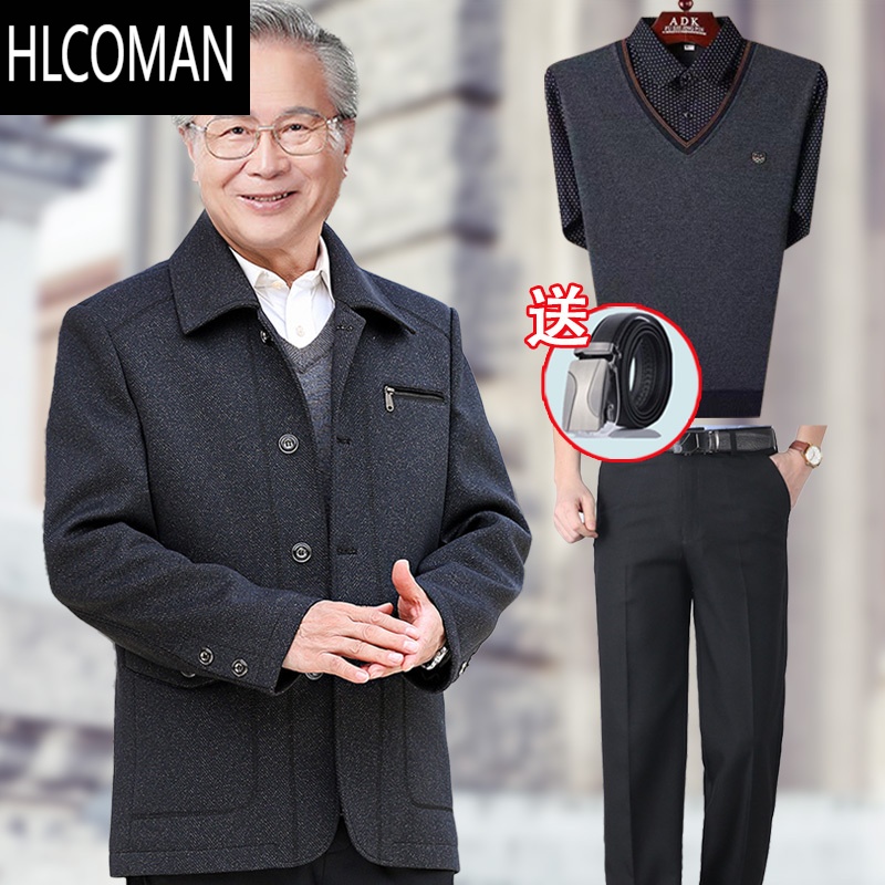 HLCOMAN70岁爷爷老人衣服男外套60岁中老年夹克男套装50岁爸爸装棉衣加厚高清大图