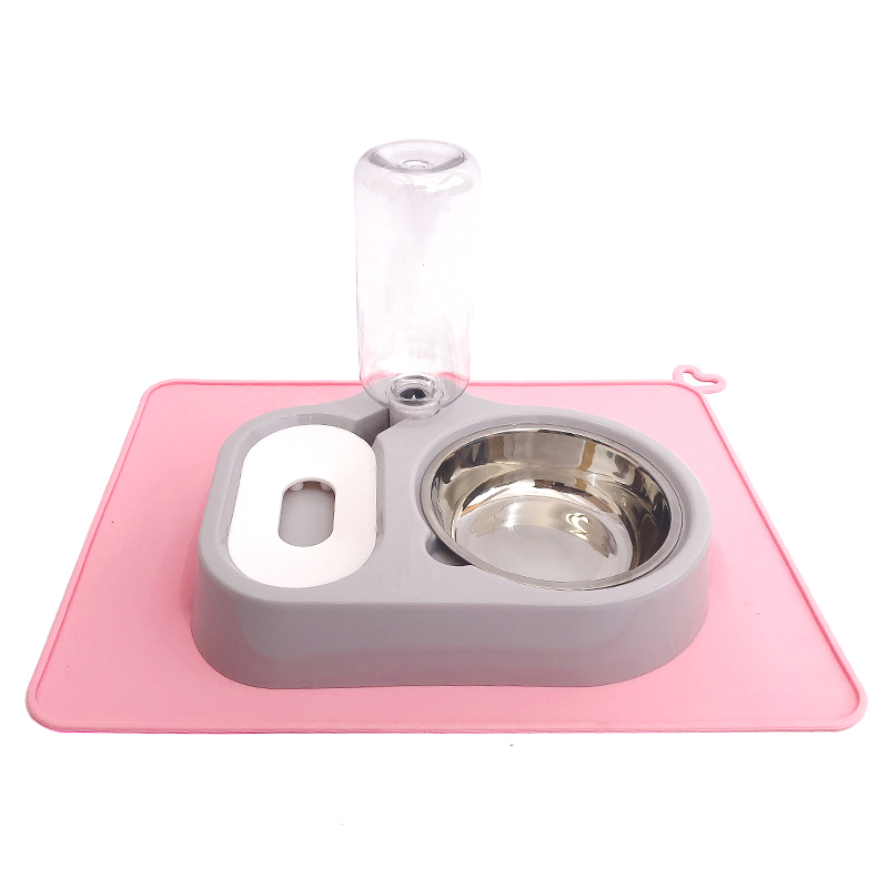 猫碗不锈钢狗碗双碗不湿嘴自动饮水器两用猫宠物粮狗食盆猫咪用品 浅灰色+防漏餐垫粉红色 适合猫/小型犬