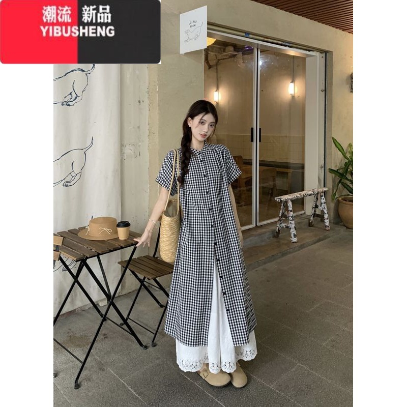 YIBUSHENG撞色格子衬衫连衣裙女季新款叠穿复古文艺松弛感小众别致长裙潮