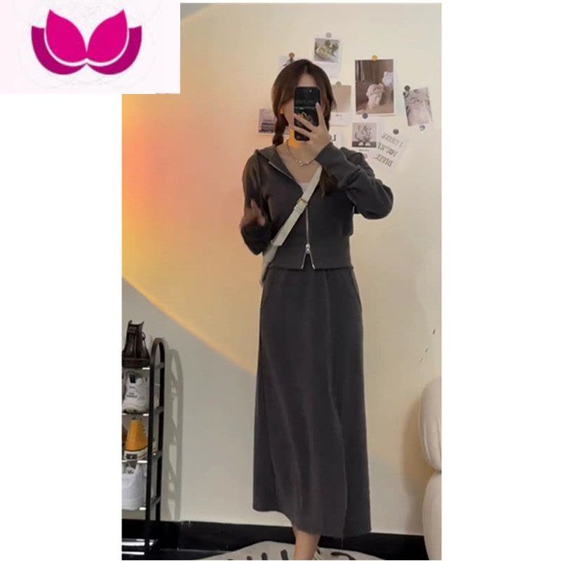 七斓时尚休闲运动风套装女高级感连帽外套高腰开叉半身长裙套图片