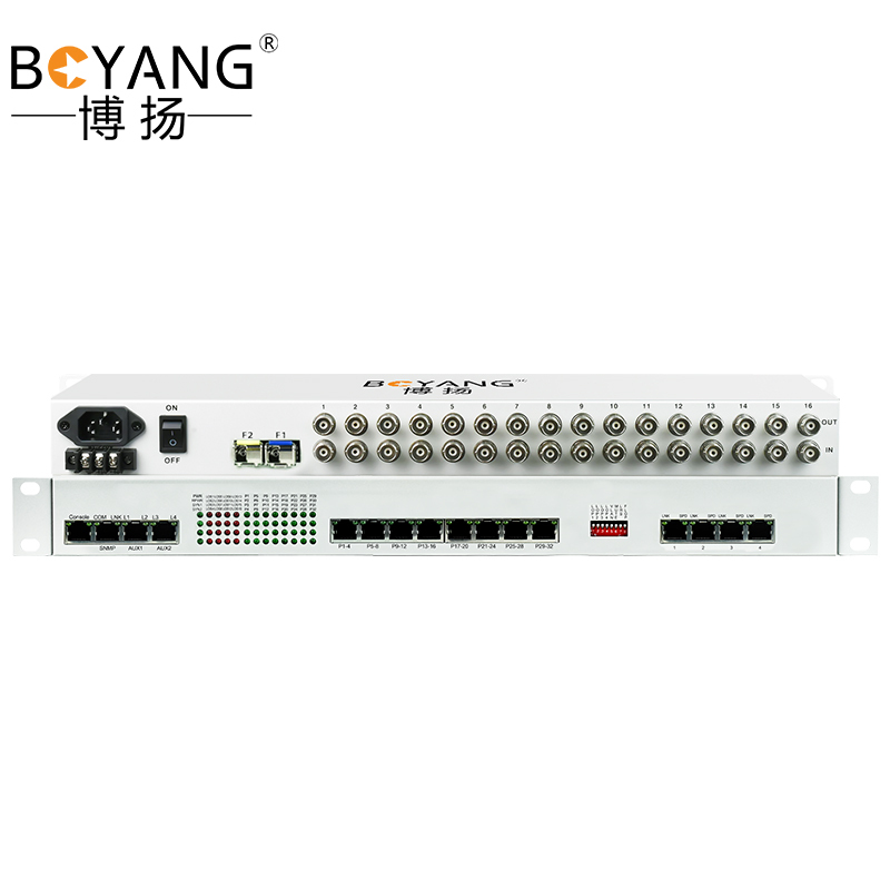 博扬 综合业务电话光端机 16路E1+32路电话+4路千兆以太网隔离 单纤1对价 BY-16E1-32P4GV-60km