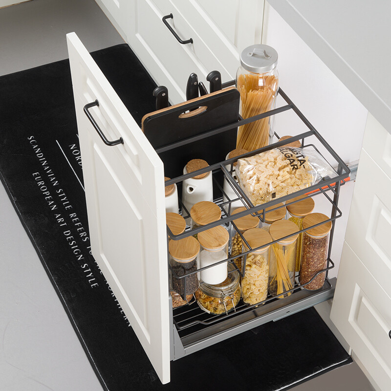 欧琳拉篮调味料拉篮105H黑色不锈钢调味拉篮橱柜拉篮多功能橱柜置物架高清大图