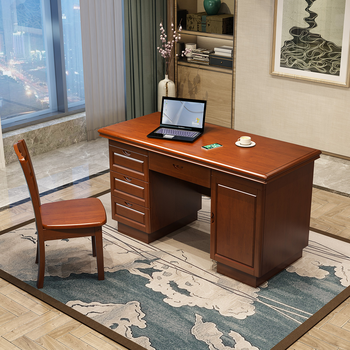 月影梳桐实木书桌家用1.2m卧室台式中式电脑桌书房学生学习写字桌