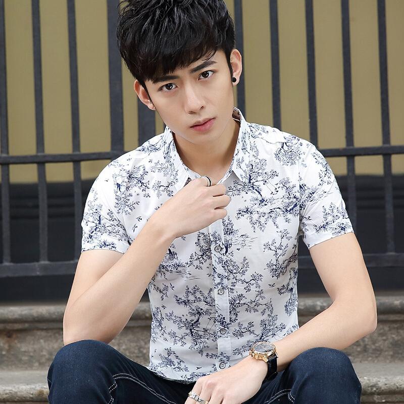 夏季印花短袖衬衫男碎花青年潮流修身韩版学生花衬衣休闲寸衫