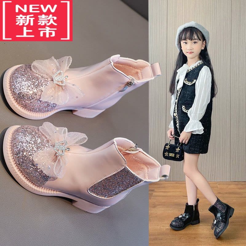 可莉允女童靴子儿童春秋爱莎2022新款宝宝马丁靴冬加绒皮靴公主水晶短靴图片