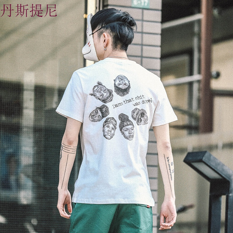 东京衣柜男装夏季新款原创手绘印花圆领休闲短袖T恤青年潮流体恤白色