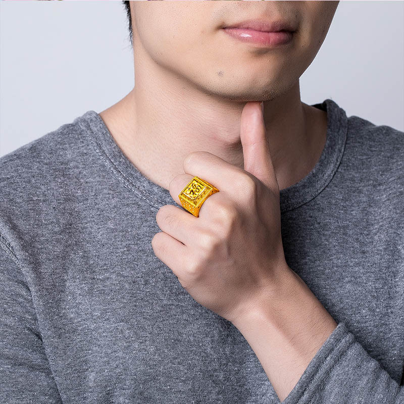 梦金园 黄金戒指足金999大气镂空福字老板戒方戒活口戒子指环男士