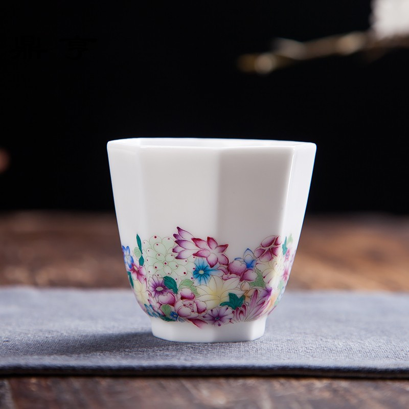 鼎亨手绘万花粉彩个人八角杯纯手工品茗杯单杯主人杯功夫杯景德镇