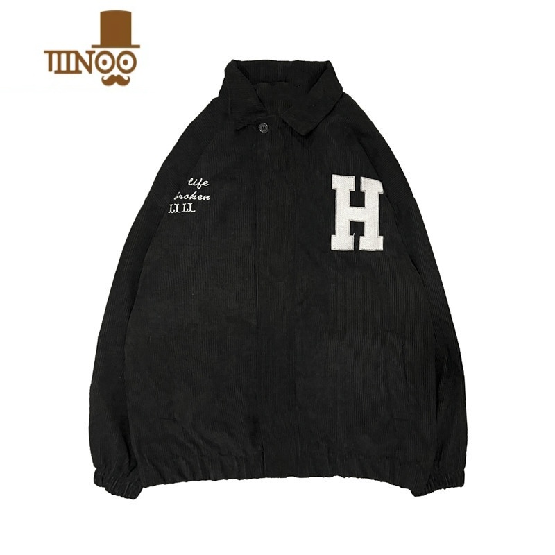 YANXU灯芯绒工装夹克男春季港风复古潮流宽松休闲外穿字母印花翻领外套高清大图