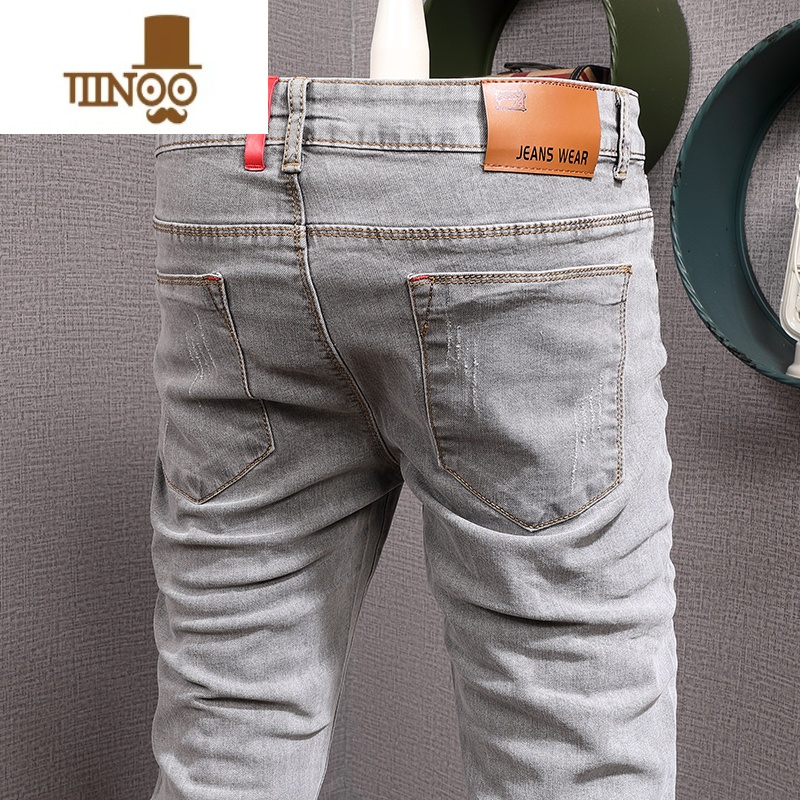 YANXU2023年夏季薄款韩版猫抓灰色修身小脚休闲牛仔裤男士水洗裤仔年韩高清大图