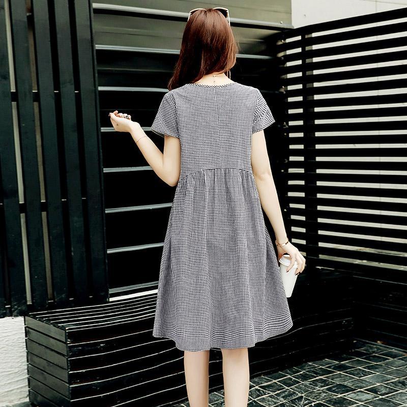 女士夏装新品显瘦女装方领优雅气质格子连衣裙名媛女夏中长裙子