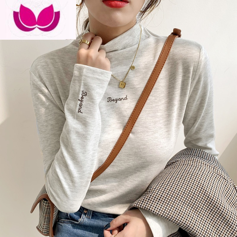 七斓德绒修身保暖中领半高领打底衫女加绒早春内搭长袖t恤上衣