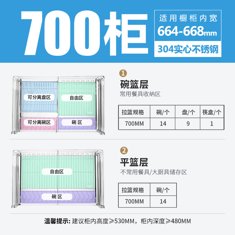 欧琳（OULIN）魔立方 新概念304不锈钢厨房收纳拉篮 双层抽屉式碗碟架平篮厨房橱柜碗架 304可拆卸双接水盘 700柜体（OL-LWS211）