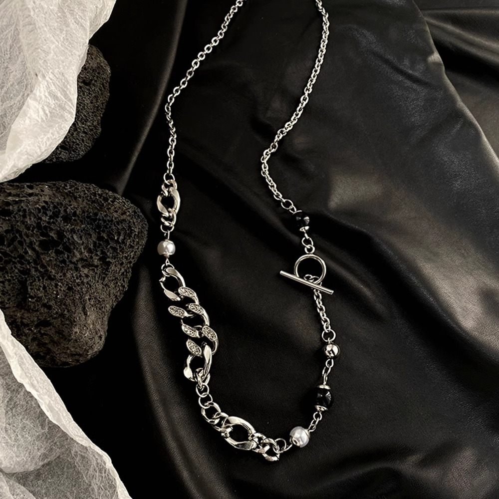 珍珠镶钻链条拼接潮小众设计OT扣钛钢项链短款毛衣链男女个性嘻哈送女朋友老婆情人节七夕生日礼物