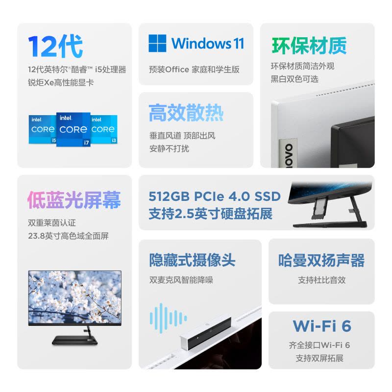 联想(Lenovo)小新24一体台式机电脑 23.8英寸大屏高清 家用办公网课学习台式电脑 商务高性能一体机(i5-12450H 16G 512GB SSD FHD屏幕)白色图片