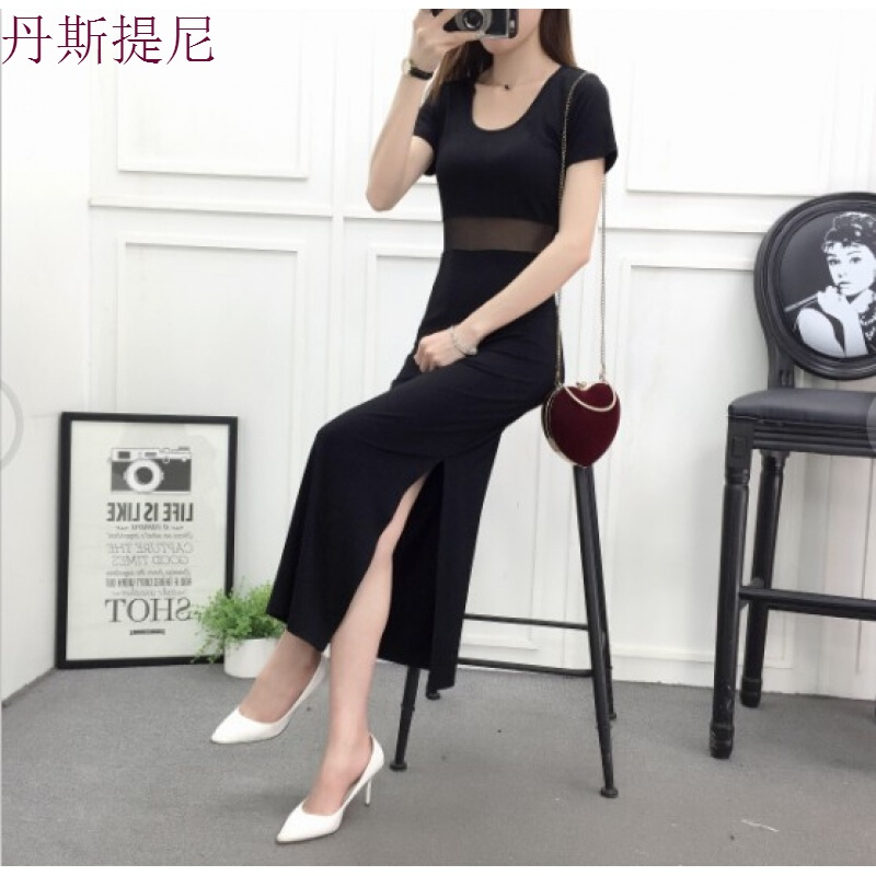 网纱拼接连衣裙女夏季莫代尔露腰长裙短袖圆领显瘦开叉连衣裙