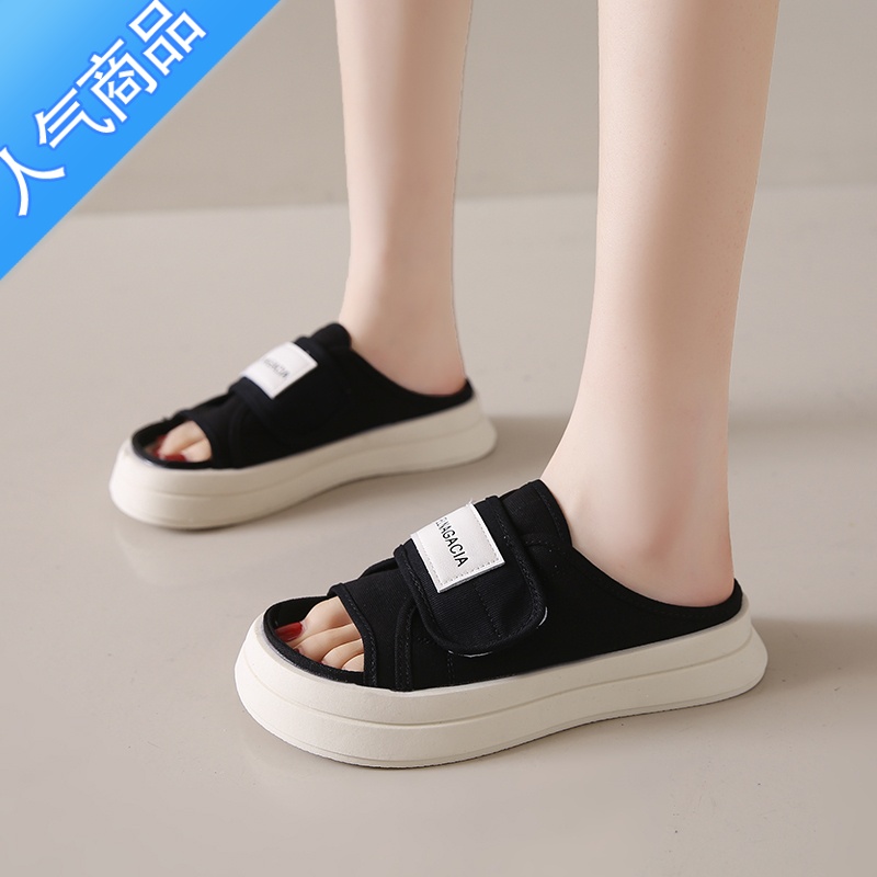 SUNTEK孕妇专用鱼嘴半拖鞋女夏季魔术贴软底帆布鞋一脚蹬半托运动鞋防滑高清大图