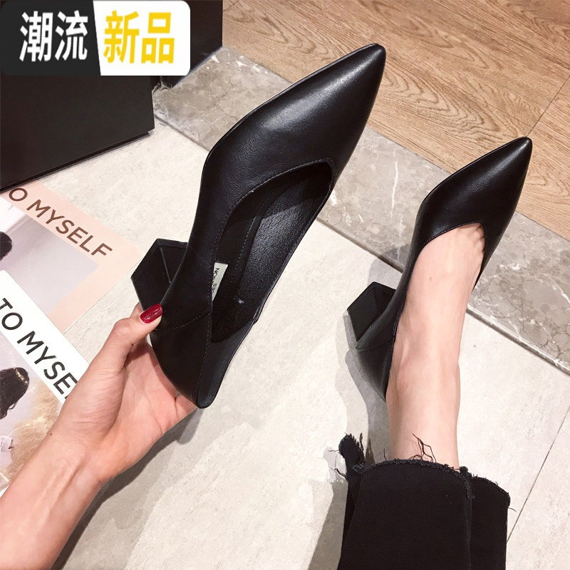 2020春季新款春款单鞋女黑色中跟粗跟高跟鞋豆豆鞋工作尖头奶奶鞋 广赫