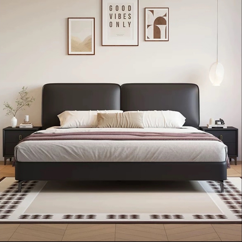 头层牛皮实木床主卧次卧双人大床实木真皮极简婚床高清大图