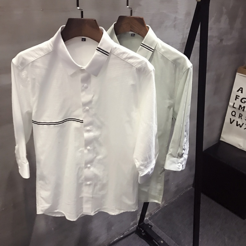 亚麻衬衫中袖五分袖夏款棉服韩版时尚男士衬衣2018新款短袖男