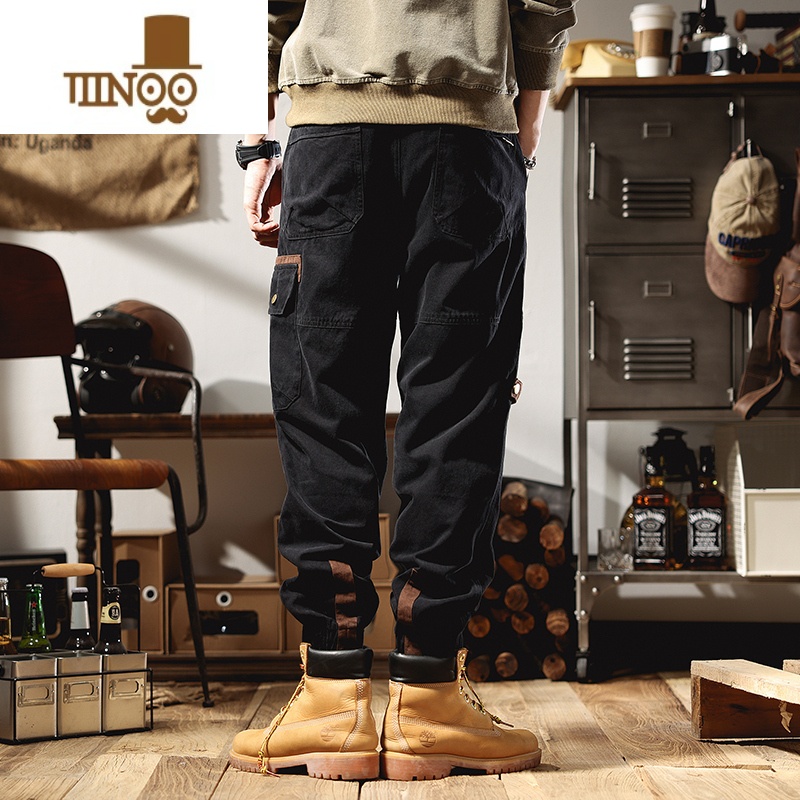 YANXU美式复古黑色工装裤男款秋季潮牌束脚大口袋撞色耐磨休闲长裤高清大图