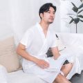 华夫格四季浴袍春秋宽松性感长款情侣睡衣睡裙酒店吸水睡袍睡衣女 XL130-150斤 华夫格白色男【短袖】