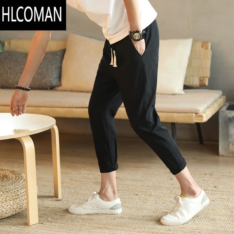 HLCOMAN九分棉麻裤男士夏季薄款韩版潮流宽松休闲裤小脚八分哈伦裤男裤子图片