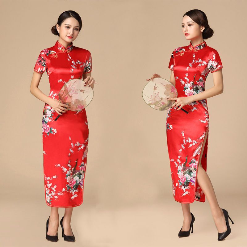 2020新款妈妈大码短袖孔雀图案长款舞台表演服装大码女款复古旗袍[10月5日发完] 白色 S 建议85-95斤